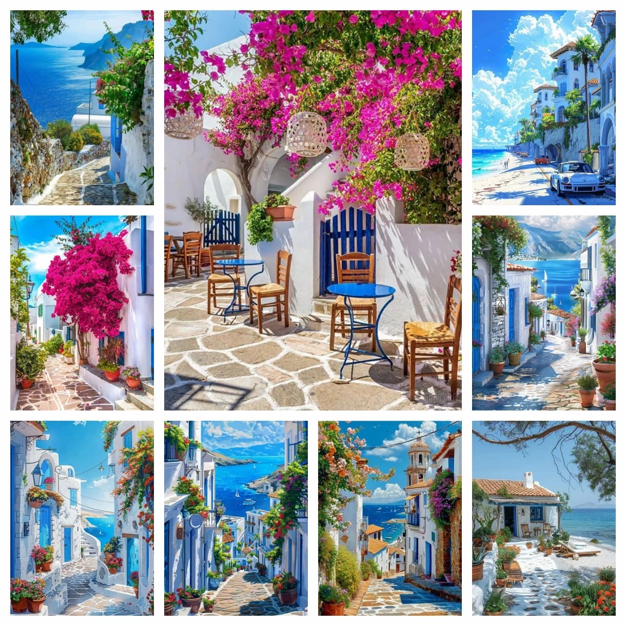 Beauty Blue Greece Santorini and Mykono Island Scenery DIY Diamond Painting 5d Drill Art Aegean Sea Landscape Cross Stitch Decor