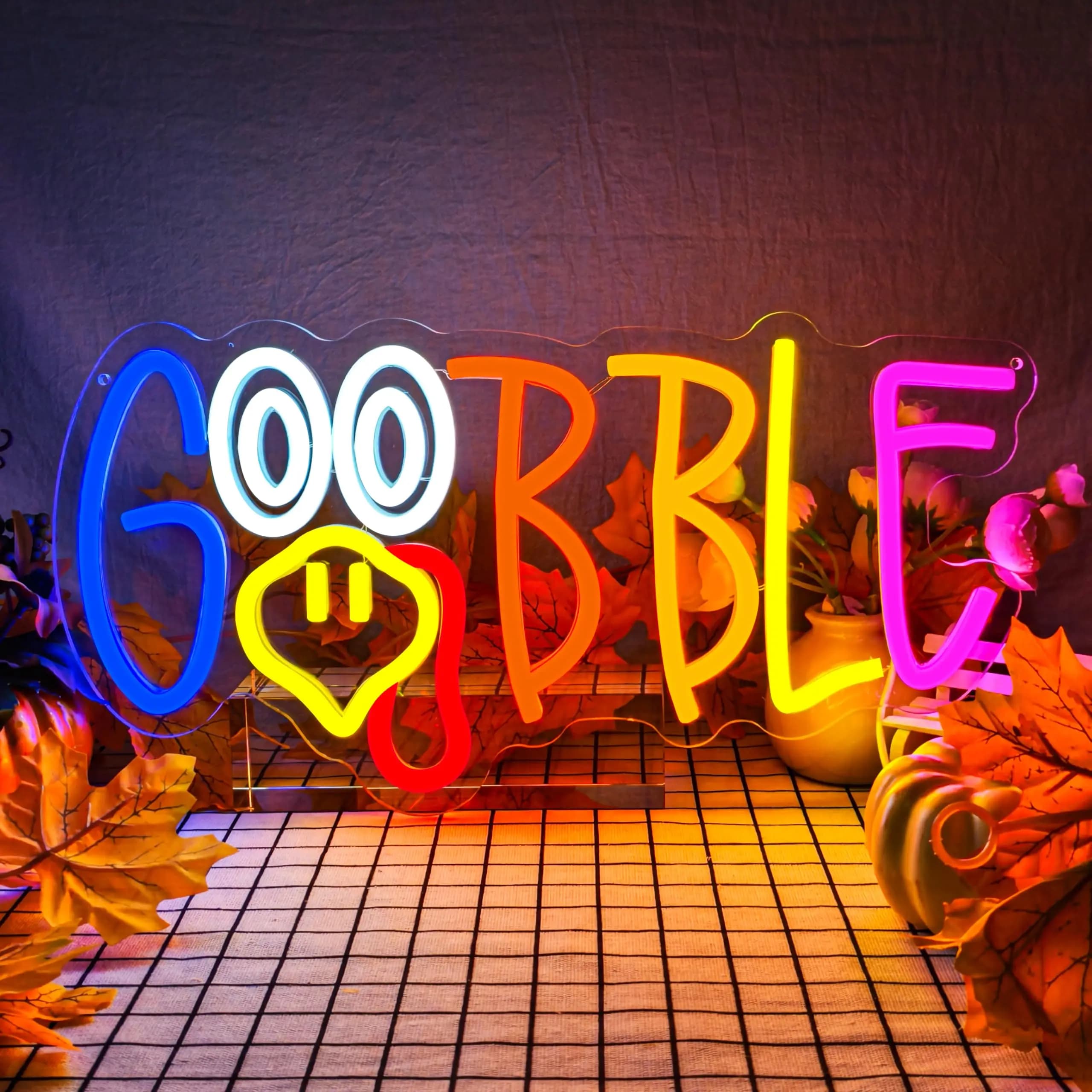 Insegna al neon a LED Gobble della Turchia per la decorazione della parete Luci dimmerabili del Ringraziamento Gobble illuminate per la festa in casa della finestra di arte della parete della porta
