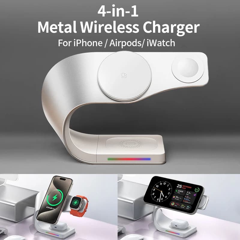 4 in 1 wireless charger with metal shell for iPhone 16 15 14 13 12 Dock Magnetic Quick Charging Station for Apple Airpods Watch