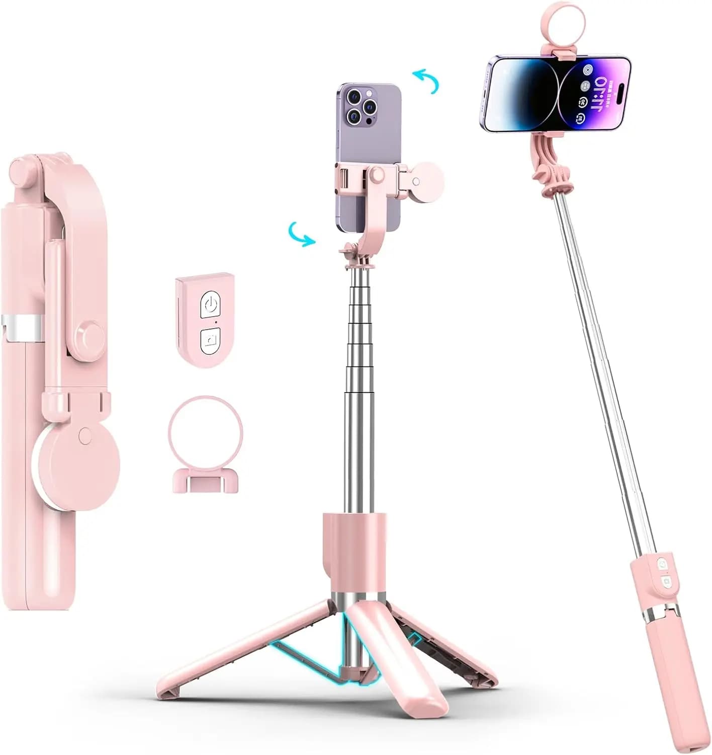 Selfie Stick Tripod with Remote & Light, 117cm Extendable, Bluetooth, Portable Phone Stand for Video Recording