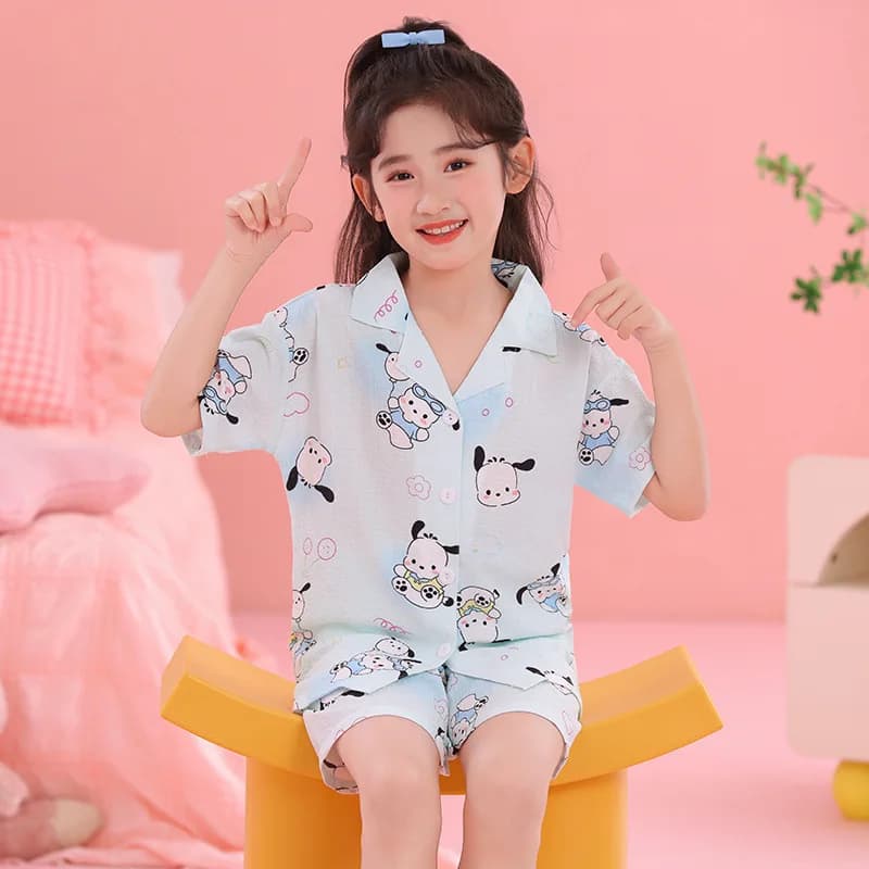 Sanrio Cartoon Child Pajamas Kuromi My Melody Cute Homewear Set Summer Short Sleeve Shorts Breathable Pajamas Children's Gift