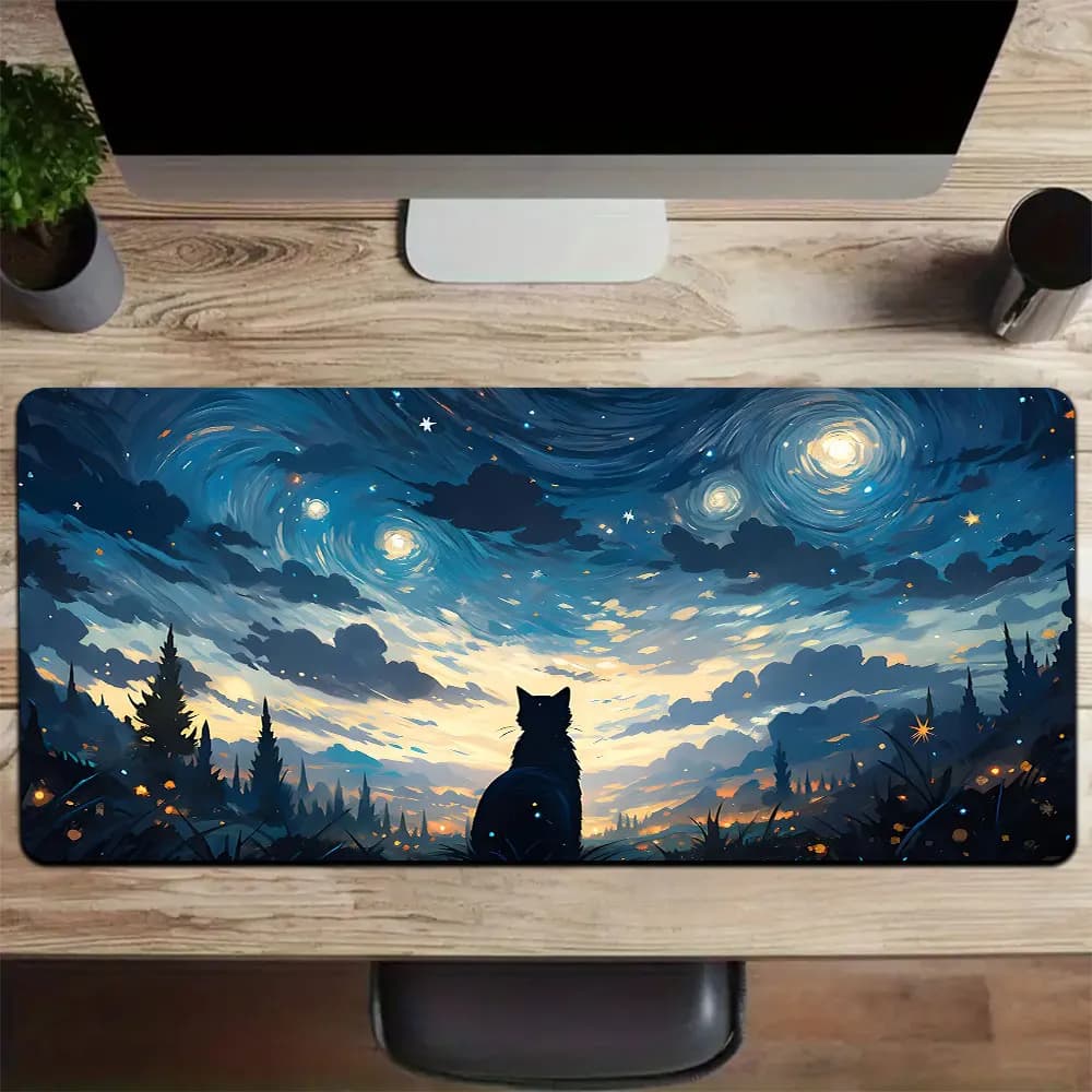 Starry Night Sky with Black Cat Large Gaming Mouse Pad Waterproof Non-slip