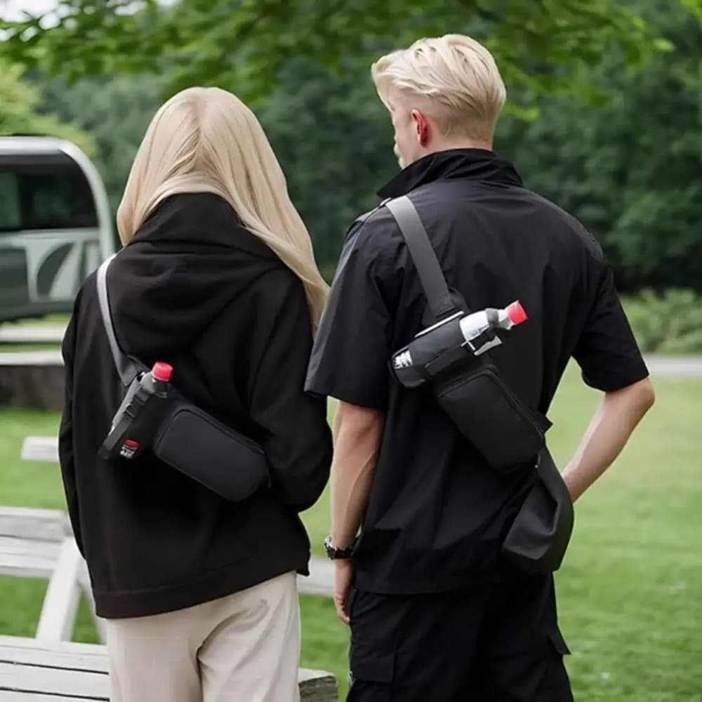 Oxford Fabric Running Waist Bag Waterproof with Bottle Door, Adjustable Black Shoulder Bag