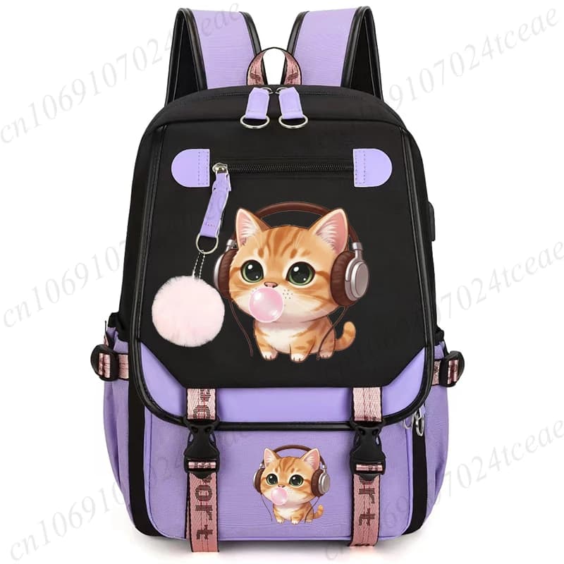 Zaino Scolastico per Studenti, Borsa con Gatto Carino che Ascolta Musica con Cuffie, Zaino Anime, Borsa a Tracolla, Zaino Casual per Uso Quotidiano