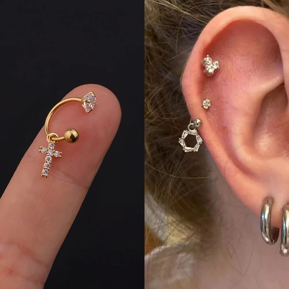 2 pezzi in acciaio inossidabile cristallo minimo CZ stella orecchini a bottone orecchino da donna cerchio elica trago cartilagine conchiglia Daith gioielli penetranti