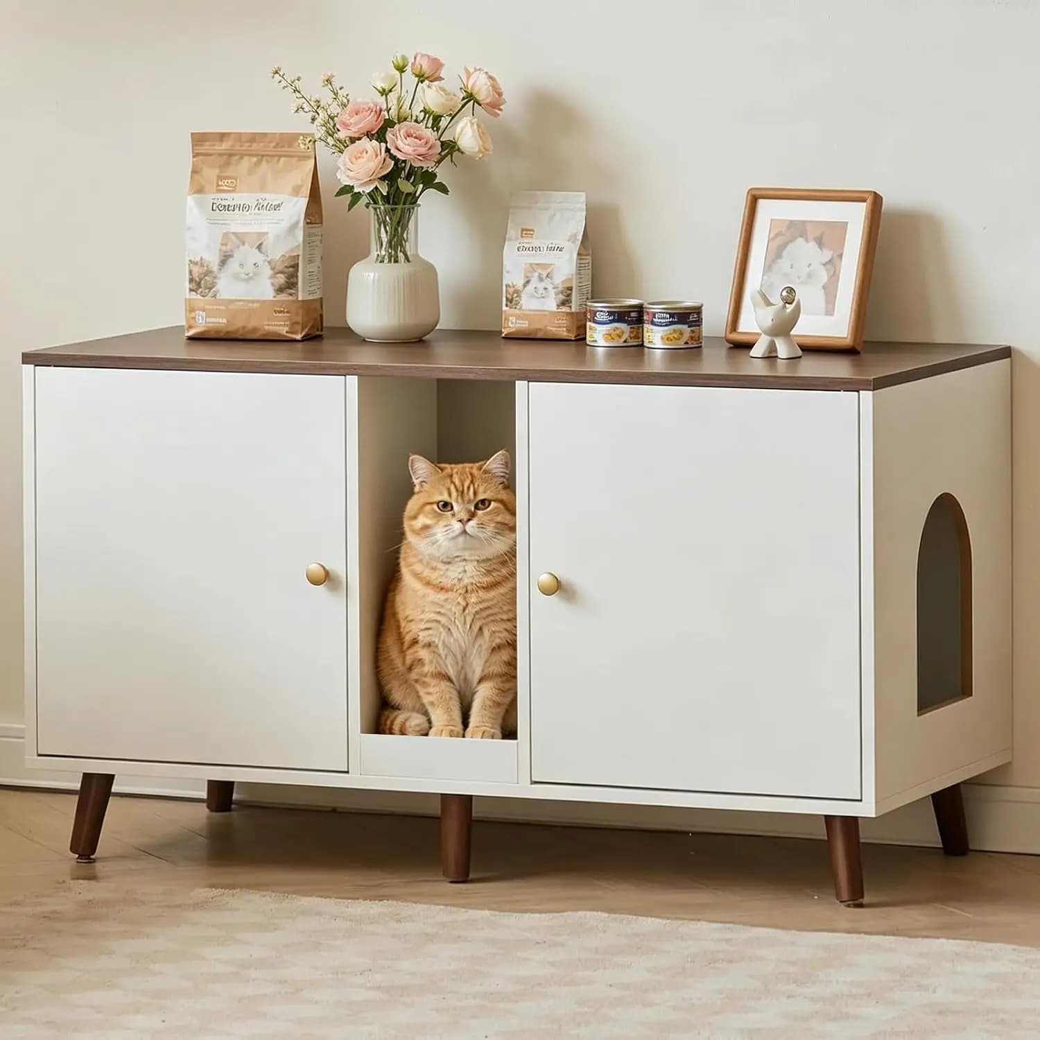 Double Cat Litter Box Enclosure Hidden Furniture Cabinet Two Cats Large Scratching Pad White