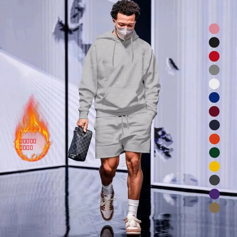 Set con felpa con cappuccio e pantaloncini foderati in pile da uomo, abbigliamento casual a maniche lunghe, collezione autunnale, taglia giovanile, tessuto comodo e traspirante