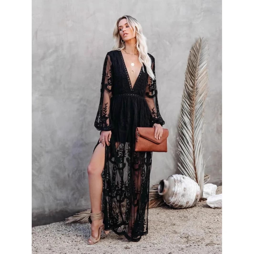 Spring Summer Lace Long Dress V-neck Pure Color Chiffon Women's Clothing Spring Summer Cross-border Dress Long Skirt