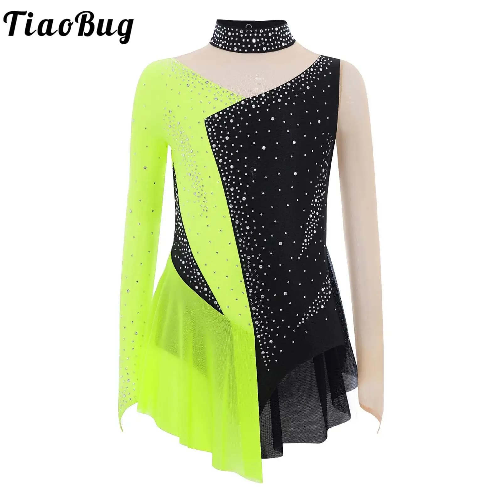 Vestito da pattinaggio di figura a maniche lunghe in rete per ragazze Strass lucidi Balletto Ginnastica Danza Body Costumi da competizione per prestazioni
