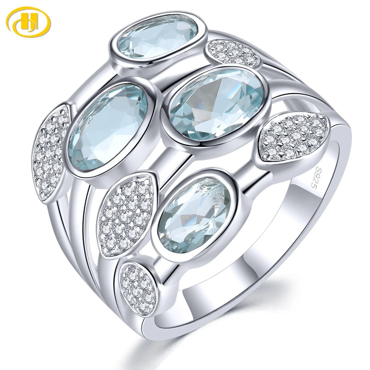 Anelli in argento sterling massiccio con acquamarina naturale, 2,2 carati, vera pietra preziosa azzurra, design unico romantico, gioielleria raffinata S925
