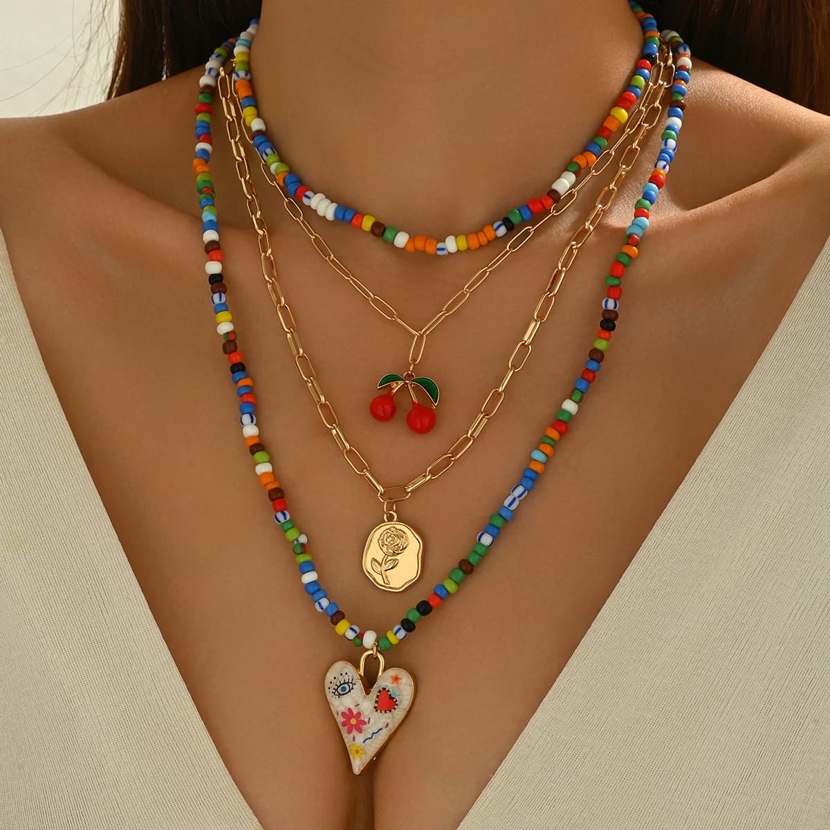 Boho Multilayer Colorful Seed Bead Necklace Cherry Rose Starfish Floral Heart Pendant Adjustable Summer Women Neck Jewelry