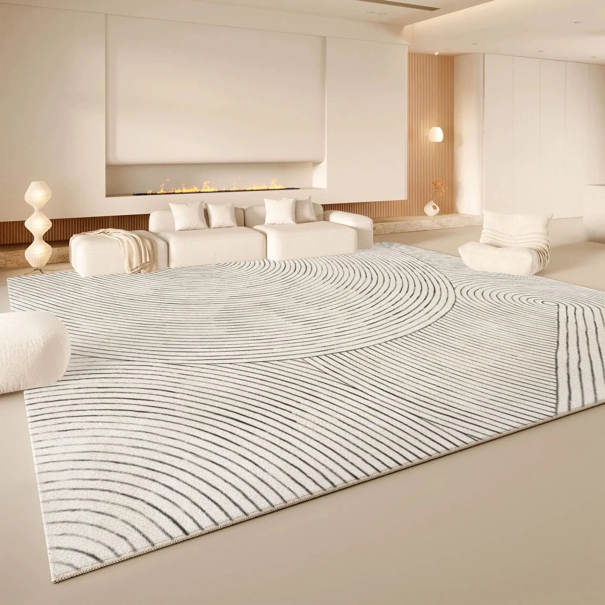 VIKAMA Black White Curved Circle Area Rug Non Slip Washable Living Room Carpet Minimalist Neutral Abstract Home Floor Rug