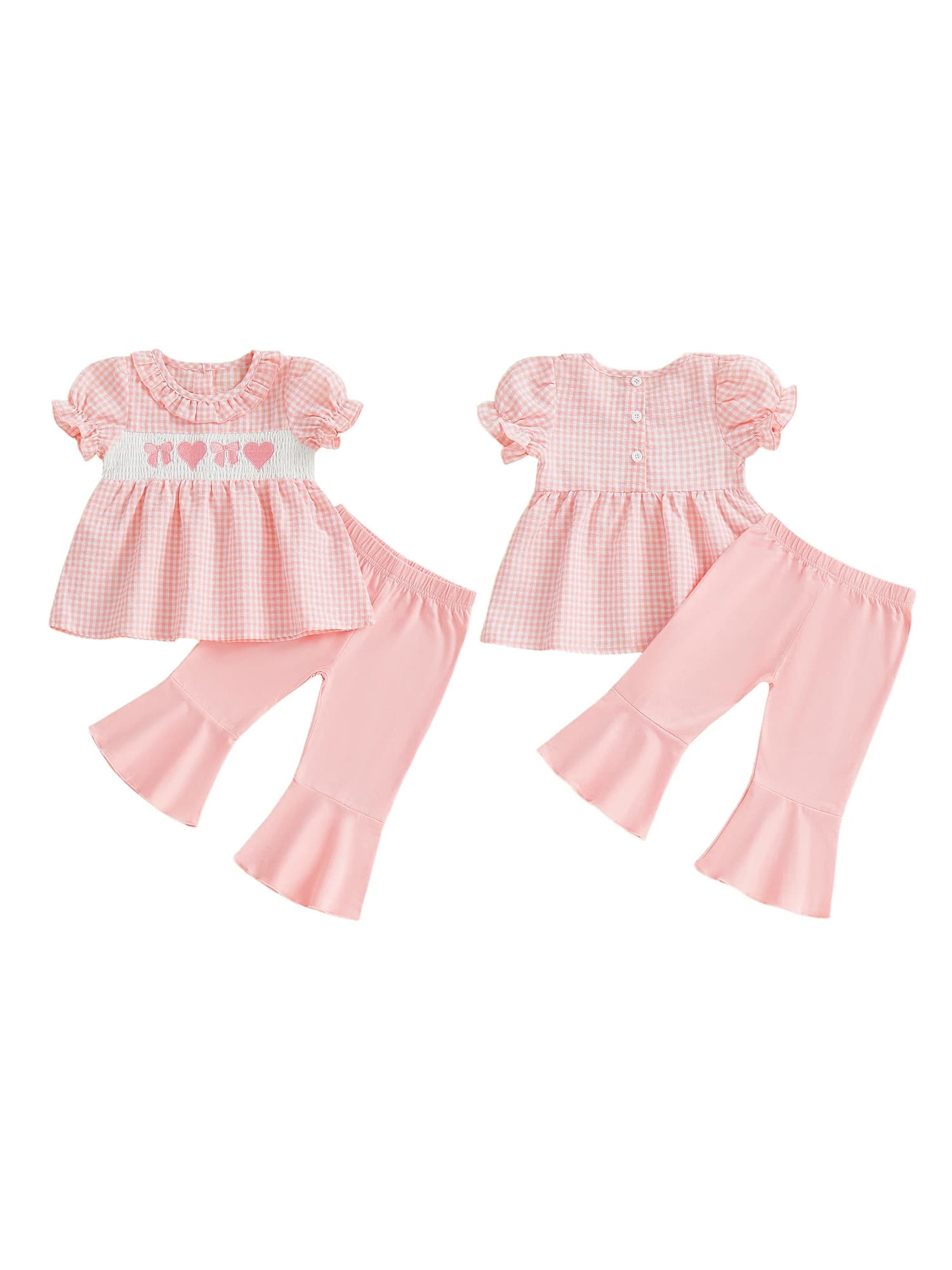 Adorabile bambina per San Valentino, completo con stampa a cuore, maniche con volant, pantaloni svasati in vita elastica, set da 2 pezzi