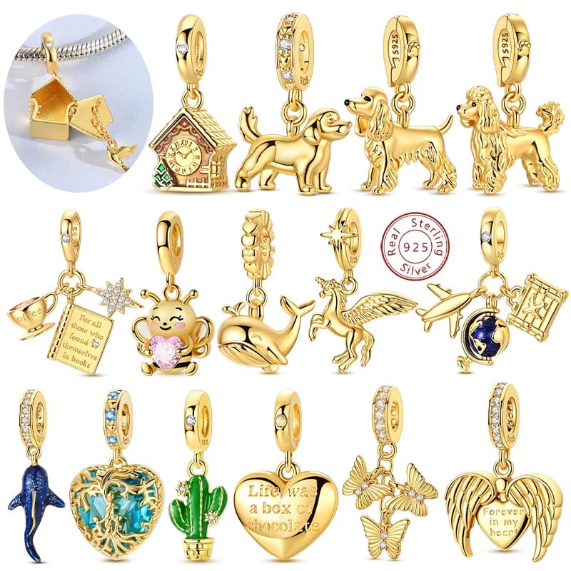 Hot 925 Sterling Silver Gold Charm Bead Pendant Cat Dog Pet Animal Pony Whale Charm Fit Original Bracelet Woman DIY Jewelry Gift