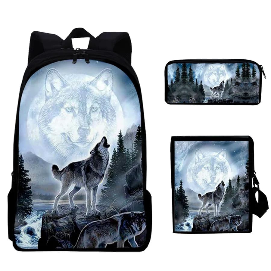 3 pz/set Zaino Harajuku Moon Wolf 3D Stampa Studente di Scuola Bookbag Anime Laptop Daypack Lunch Bag Astuccio