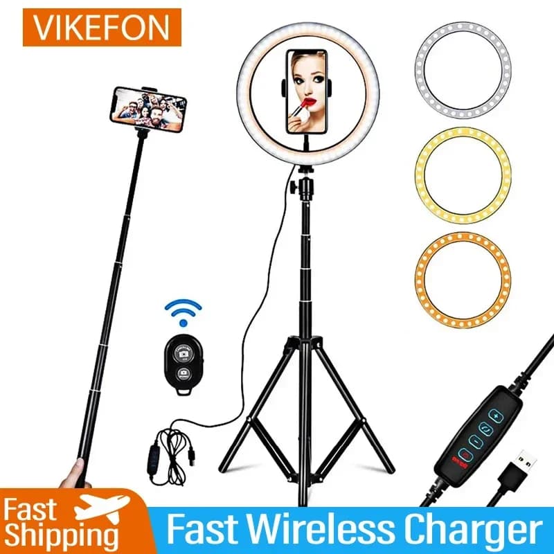 VIKEFON Lampada ad anello a LED USB dimmerabile per studio fotografico con supporto per treppiede e telecomando per lampade live per video Tiktok