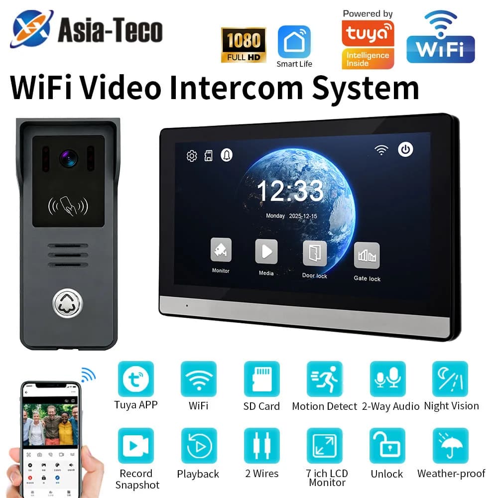 Sistema Videocitofonico Digitale a 2 Fili con Monitor Wireless WIFI da 7 Pollici, Videocitofono 1080P, Sblocco Tramite App Tuya