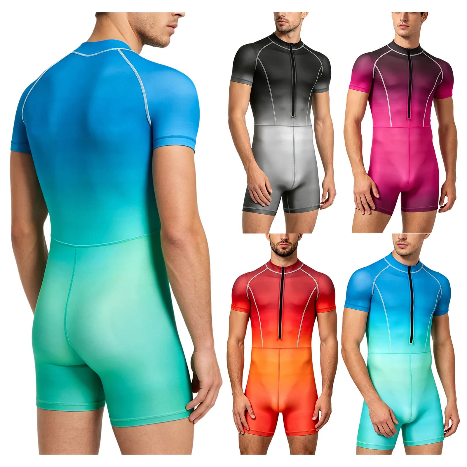 Costume da bagno intero da uomo a maniche corte con cerniera, sfumato, anti-UV, per spiaggia, piscina, surf e immersioni