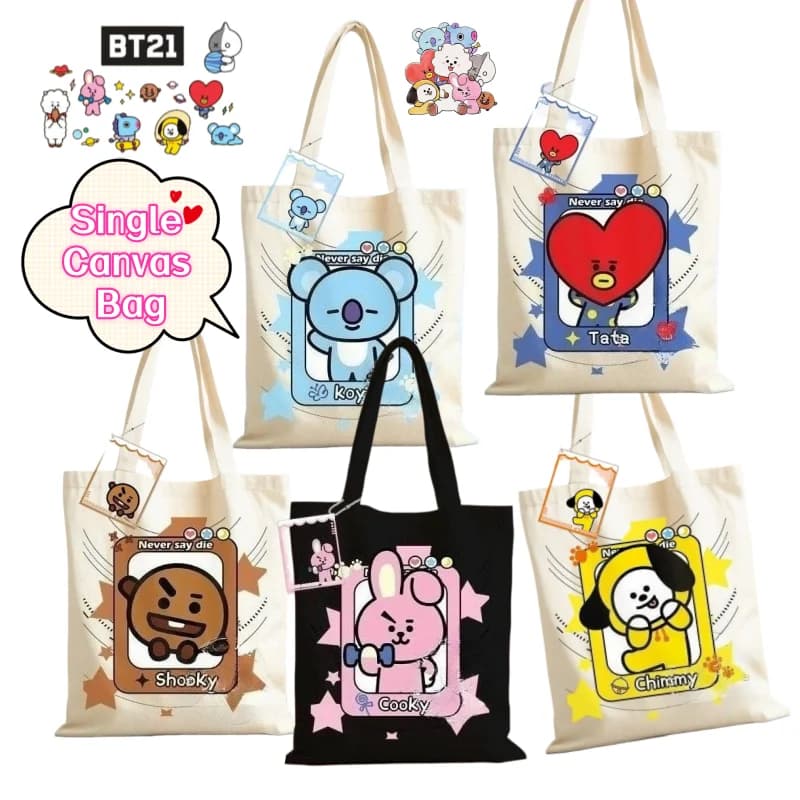 Nuova borsa in tela di grande capacità BT21 Koya RJ Shaky Mang Chimmy Tata Cooky, borsa a tracolla da studente con personaggi anime e cartoni animati, dai colori vivaci.