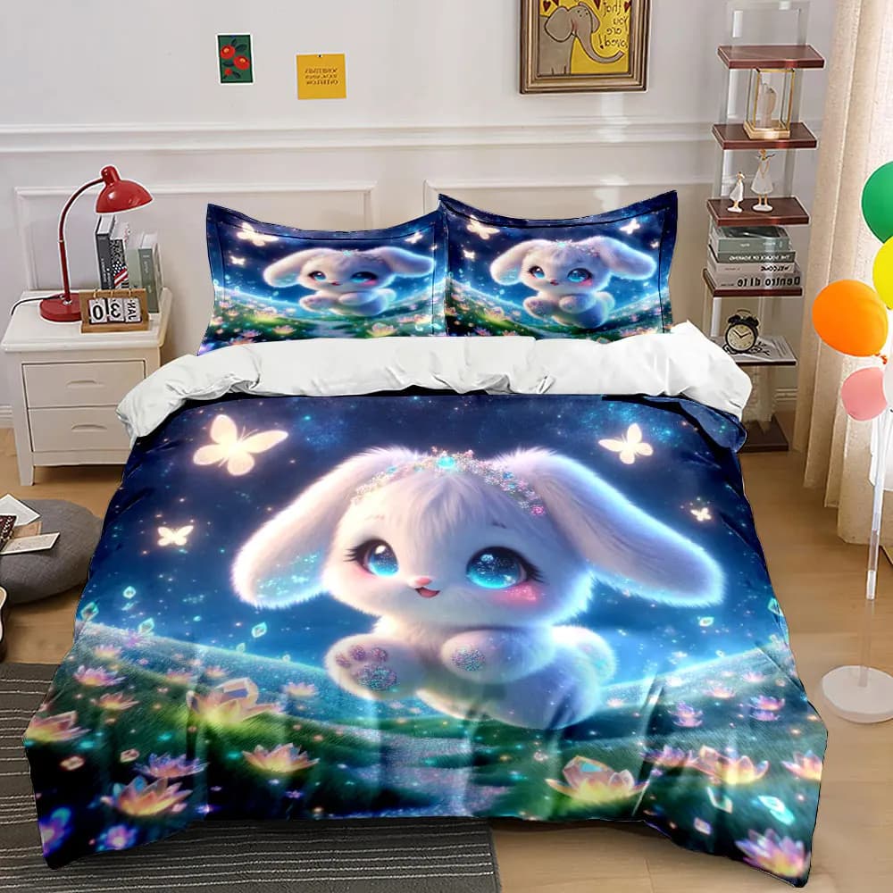 Set copripiumino con design di coniglietti sognanti e prati luminosi, stampa 3D, set biancheria da letto in morbido poliestere, comfort per tutte le stagioni