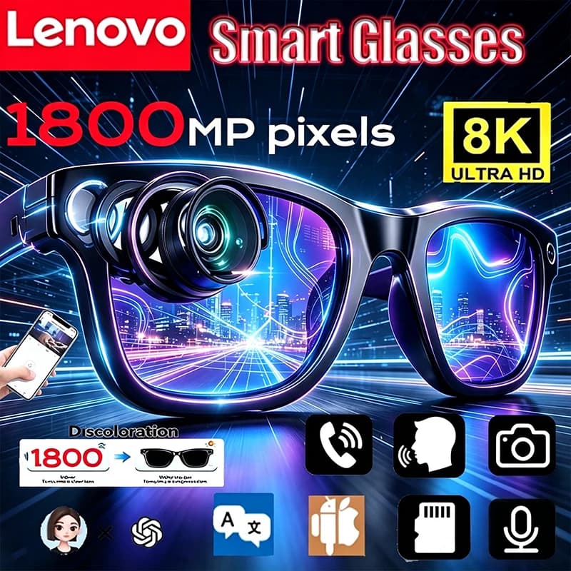 Lenovo AI Smart Glasses 1800W Control Camera 8K Shootings Translation Calling AI Chat Logging Music Men Women Smart Sunglasses