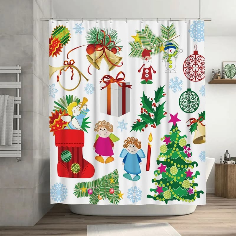 TU Festive Tenda da doccia natalizia Impermeabile Decorazioni natalizie Stile fattoria Set da bagno natalizio Modello rosso verde Tema regalo