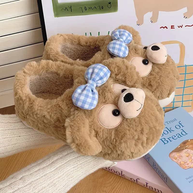 Popolari pantofole in cotone con orsetto carino per donna, abbigliamento outdoor autunnale e invernale, antiscivolo, suola spessa per la casa, foderate in pile, schienale chiuso, scarpe di cotone calde