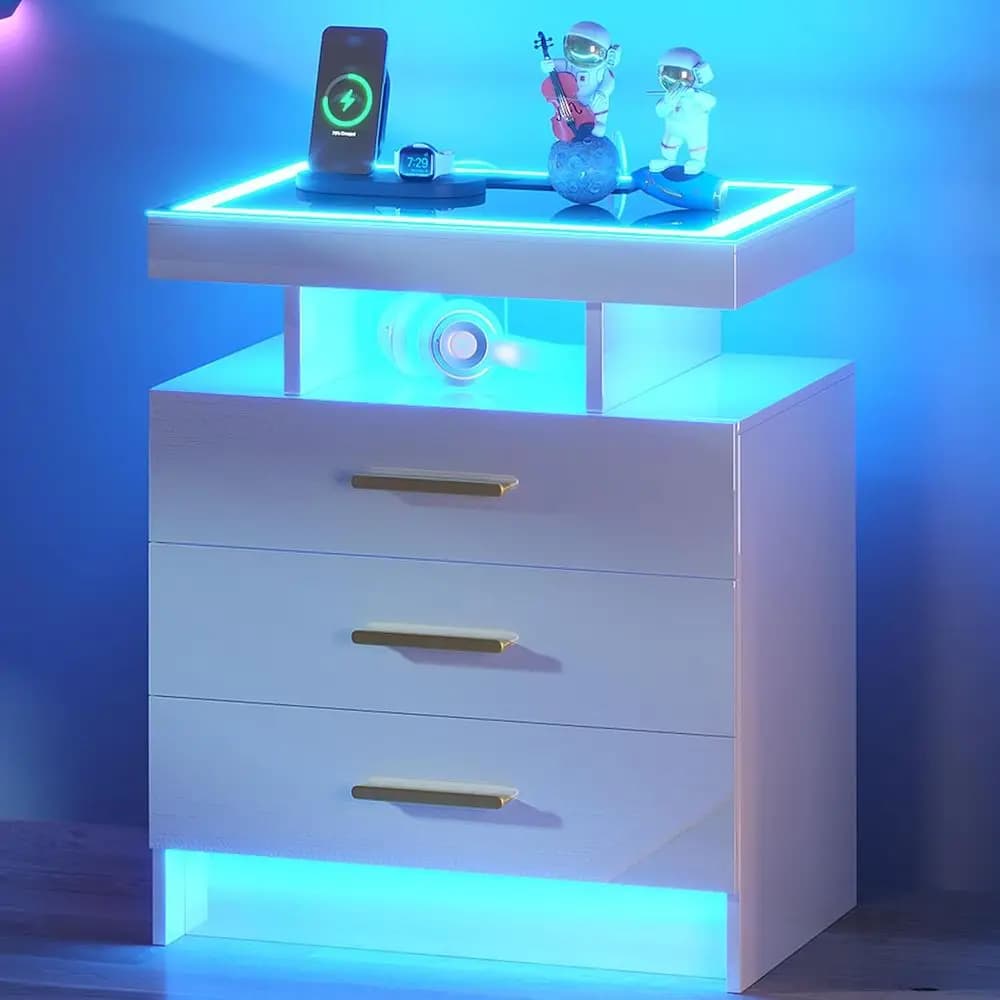 Comodino con Piano in Vetro e LED, Ricarica Wireless e Luci con Sensore di Movimento per Arredamento Moderno