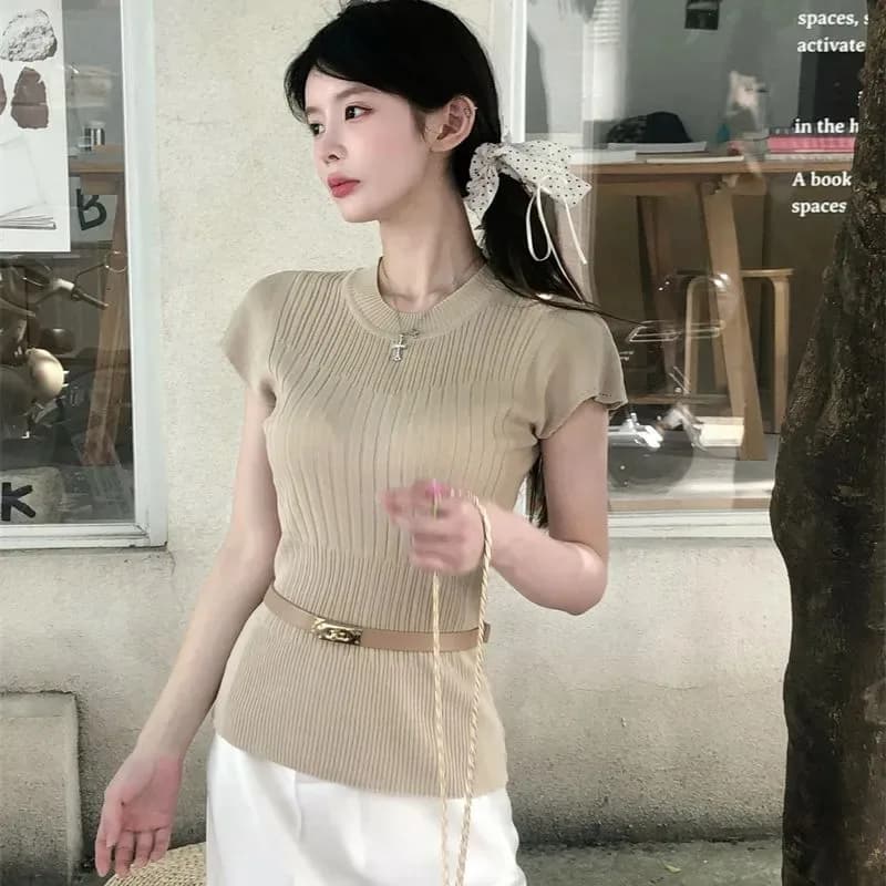 Women's Mock Neck Ribbed Knit Top Ruffle Cap Sleeve Slim Fit Sleeveless Casual Daily Blouse