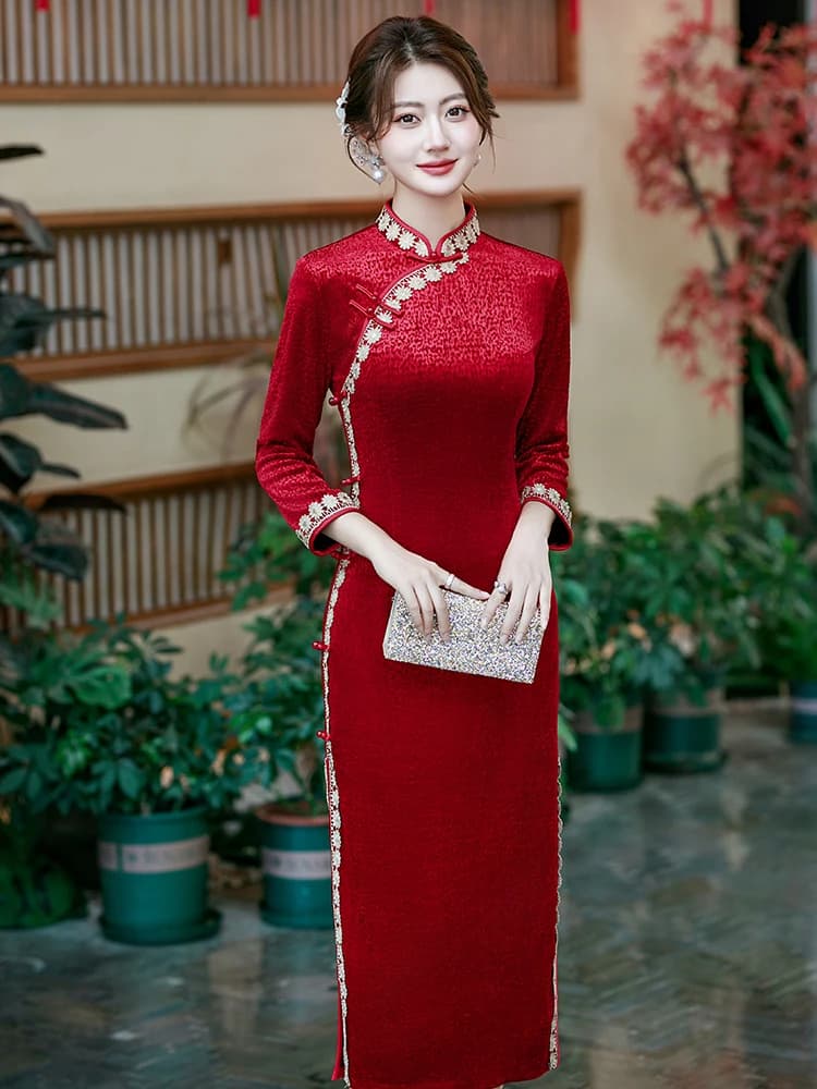 Elegant October Wedding Young Style Red Mom Engagement Dinner Dress Slimming Fit Retro Style Polyester Fiber Midi S...