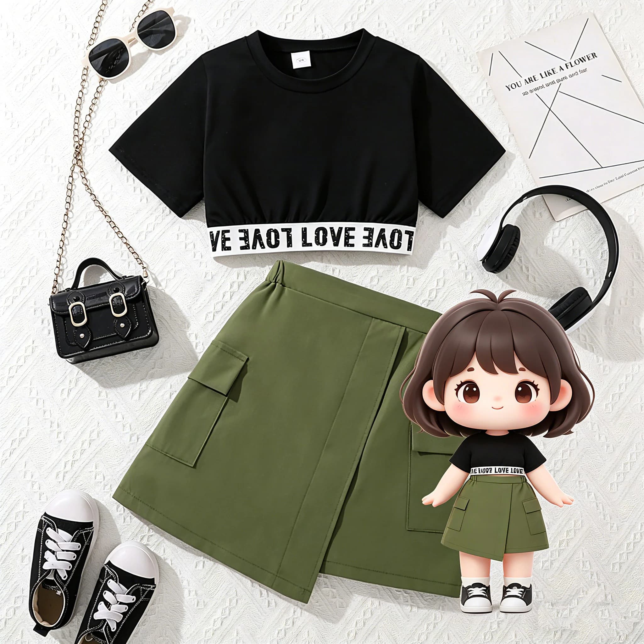 Girls 8-12 casual two-piece set, cropped letter tee & army green cargo skirt, stylish breathable for daily school wear