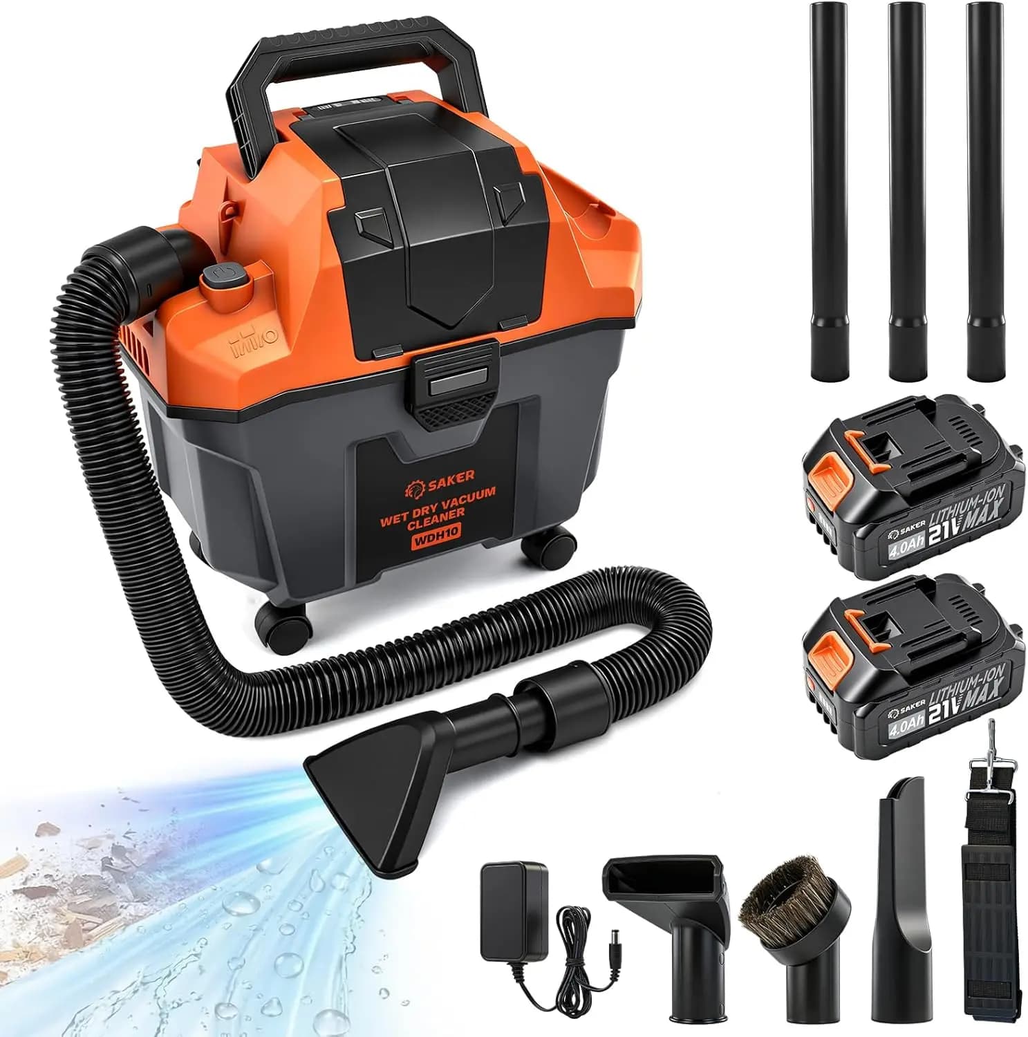 Cordless Wet and Dry Shop Vacuum 17kPa 2.6 Gallon Portable Shop Vacuum Cleaner with Storage Rack, 2×4.0Ah Batteries, Strap, HEPA