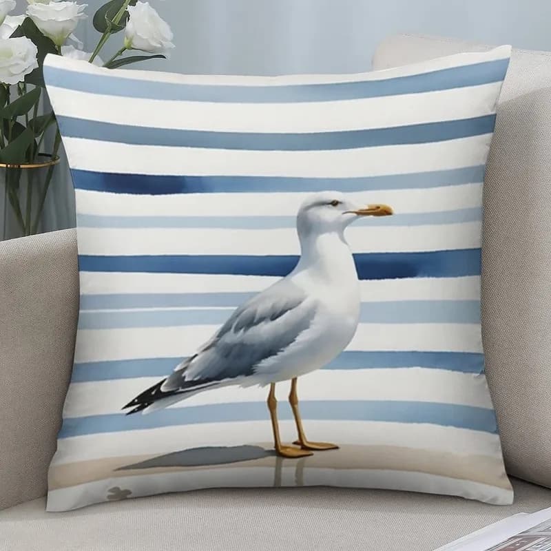 1pcs Short Plush Coastal Seagull Pillow Cover Blue & White Striped Background Double-Sided Print Zipper Cushion Case Home Decor