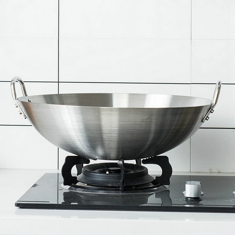 Stainless Steel Wok Without Gas Stove Cover, Traditional Handmade Brush with Double Handle for Chef