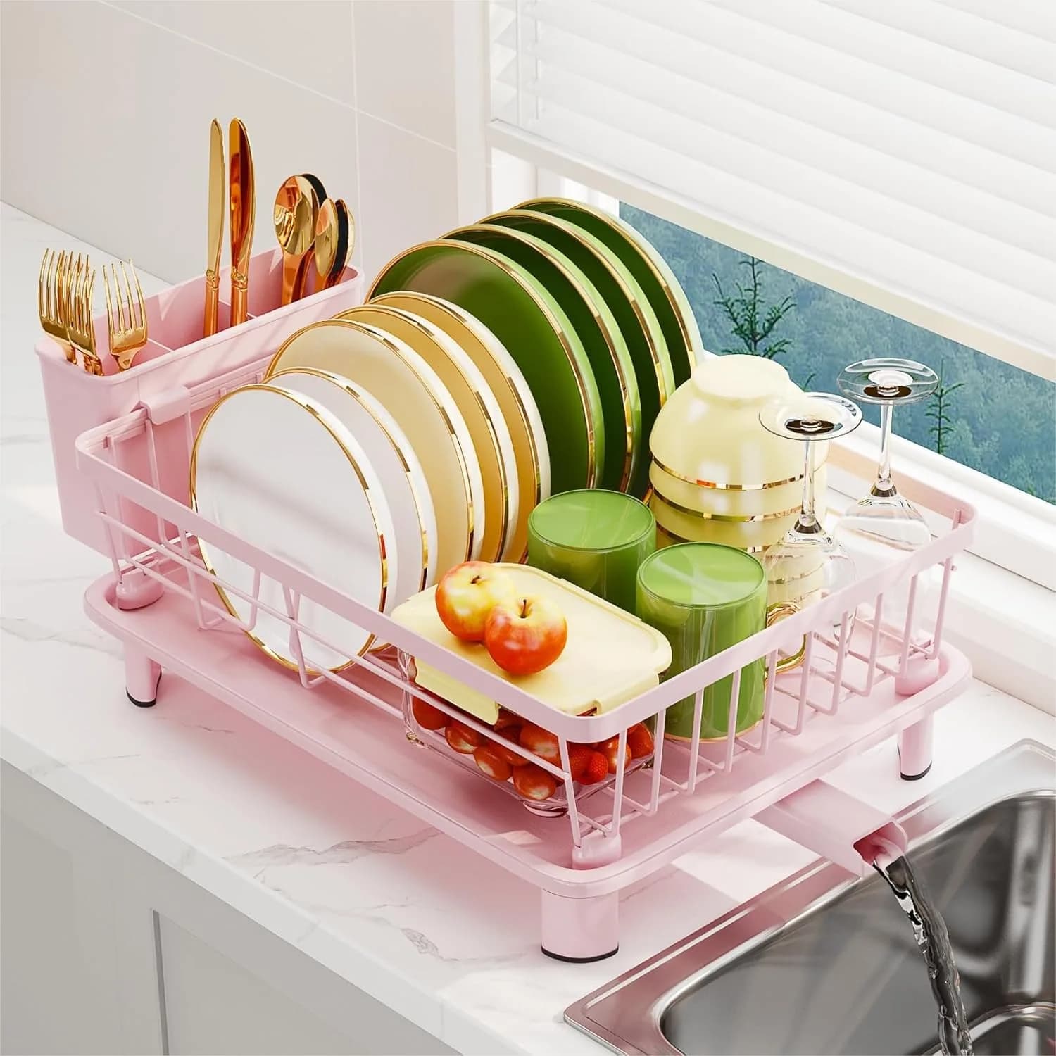 Scolapiatti con vassoio raccogligocce e beccuccio di scarico, in acciaio inossidabile, con porta tazze, utensili e tagliere, salvaspazio per il piano della cucina, rosa