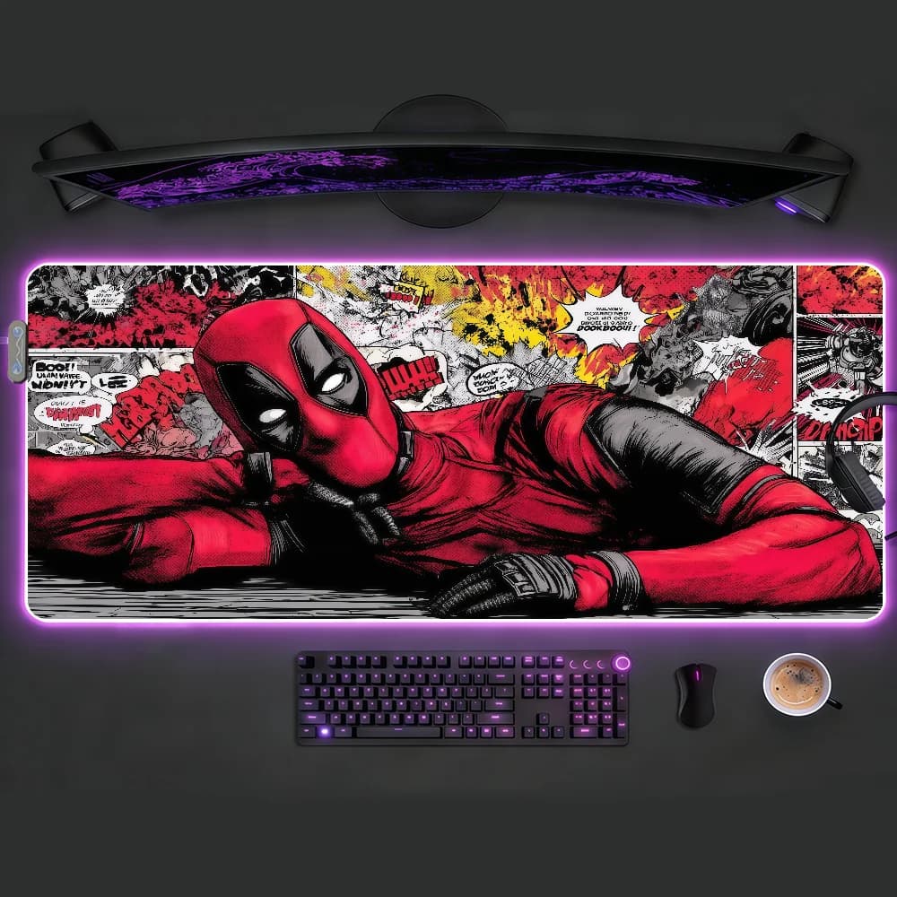 Tappetino per mouse Superhero D-Deadpool RGB LED, tappetino da scrivania antiscivolo in gomma, accessori da gioco, tappetino grande XXL per computer e tastiera da ufficio