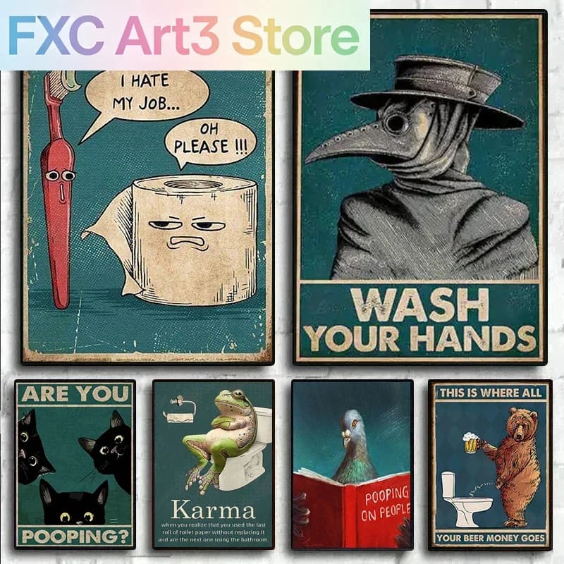 1pc frameless,Vintage I Hate My Jobs Funny Toothbrush Toilet Paper Poster Plague Doctor Wash Your Hand Canvas Painting Wall Art
