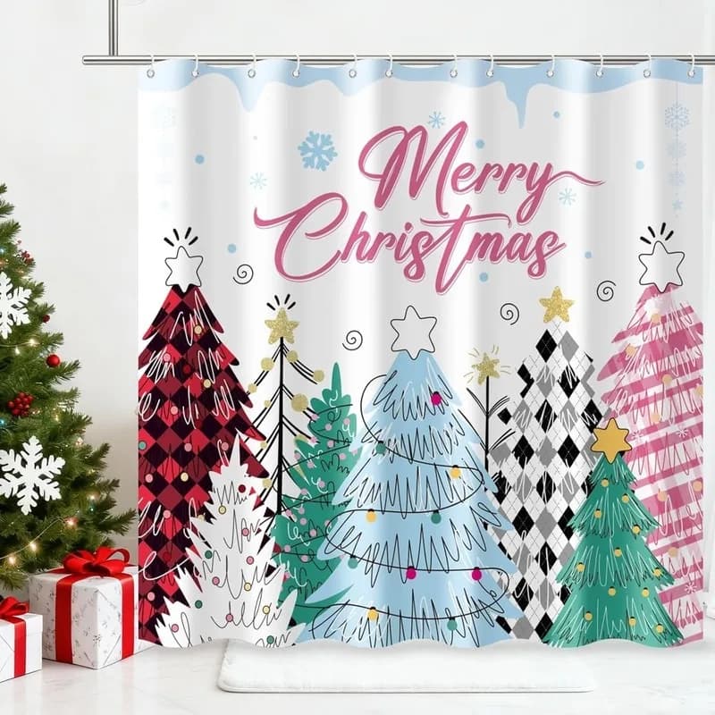 Christmas Tree Snowflake Shower Curtain Colorblock Plaid Bathroom Decor No Drilling Waterproof Polyester with 12 Hooks