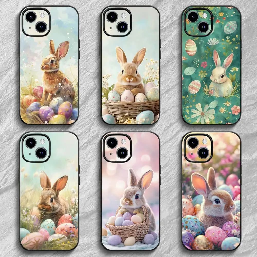 Cover per iPhone 12-17 Air Plus Pro Max con uova di Pasqua e coniglietto, satinata lucida, colorata, ottima idea regalo