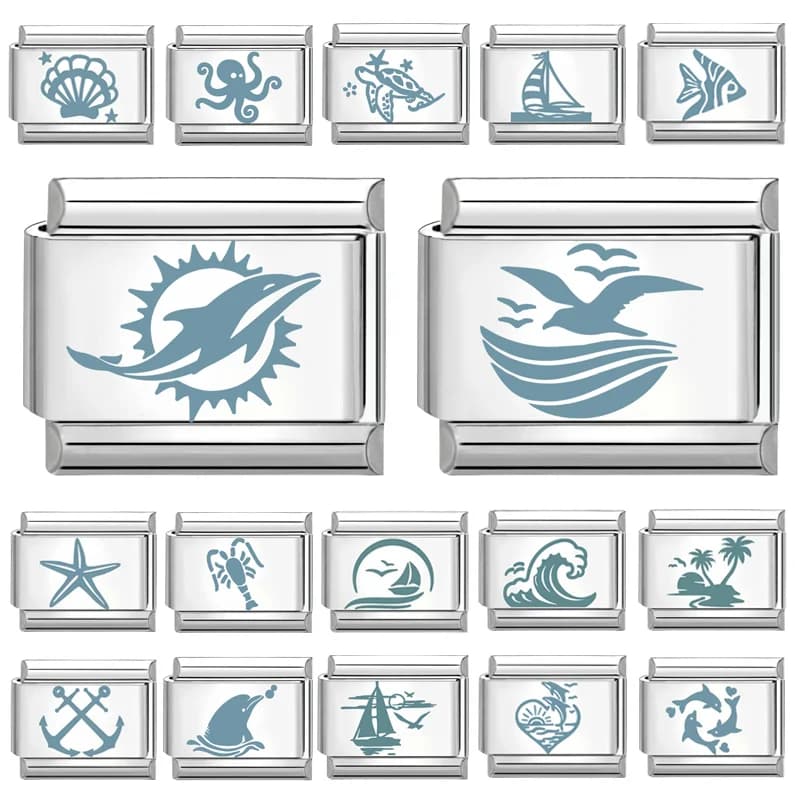 Laser Engraving Shark Seagull Dolphin Wave Sailing Sun Italian Charm Link Fit 9mm Stainless Steel Bracelet Jewelry DIY Making