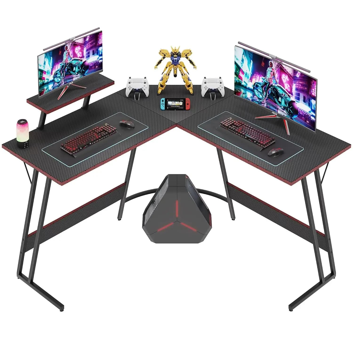 Scrivania da Gaming a L con Supporto per Monitor, Superficie in Fibra di Carbonio, Postazione di Lavoro per Casa e Ufficio, 47 Pollici Personalizzabile