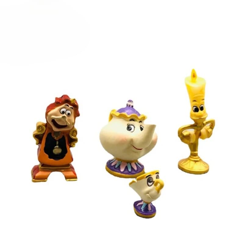 Set di 4 Statuette Action Figure di La Bella e la Bestia: Signora Potts, Lumiere, Cogsworth, Personaggi Anime per Regali agli Amici
