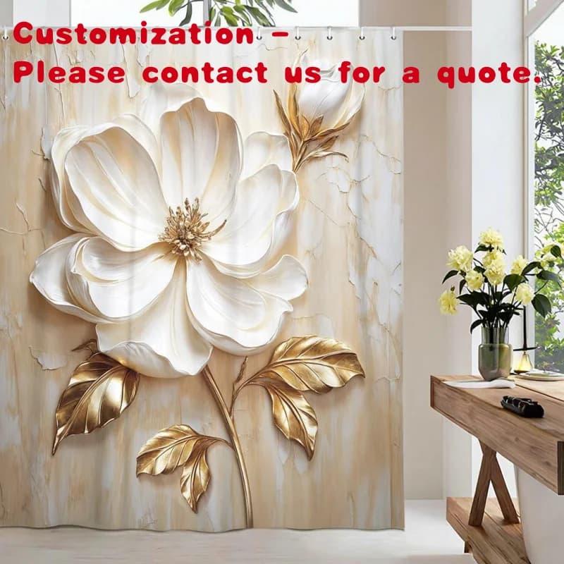 personalizzato. Elegante lusso 3D floreale moderno minimalista astratto fiore bianco foglie dorate set di tende da doccia in tessuto elegante