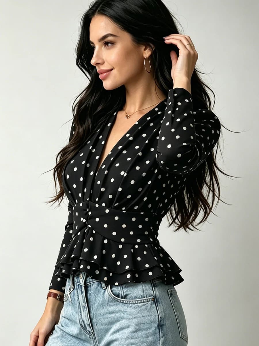 Camicetta da donna LIMO in raso azzurro con scollo a V, maniche lunghe, vita arricciata e peplum, elegante top formale da ufficio