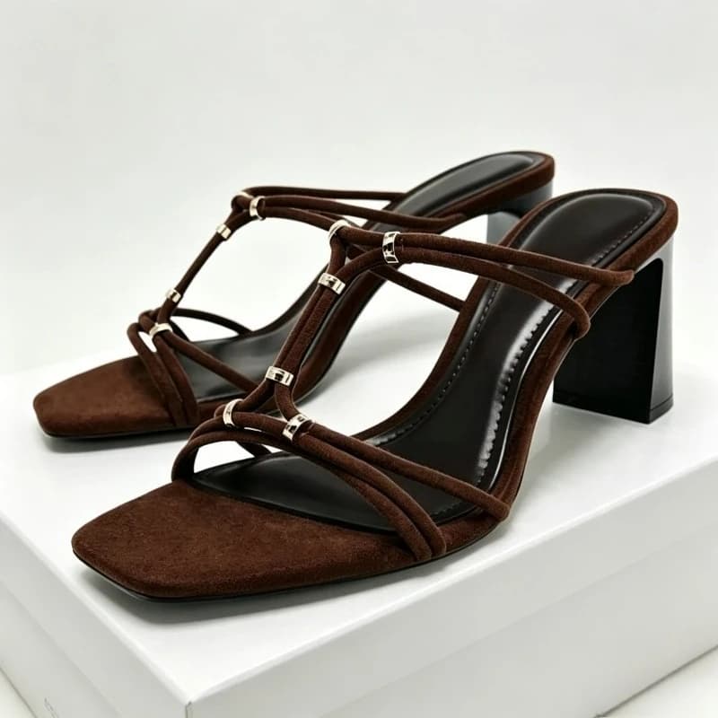 Summer Heeled Sandals for Women Unique Square-Toe Slingback Heels Shoes Metal Details Wide Heel Retro Women Slippers Sandalias