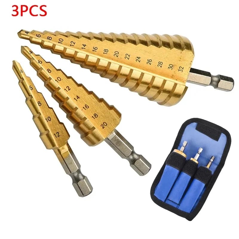 Punta da trapano a gradino con scanalatura dritta HSS Set di strumenti per perforazione di nocciole per legno rivestito in titanio 4 modelli 3-12 4-12 4-20 4-32