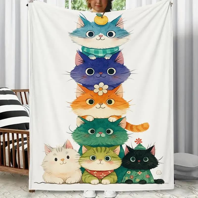 Simpatico cartone animato con motivo gatto impilabile Coperta stampata in flanella adatta a tutte le stagioni adatta per i viaggi del divano dell'ufficio del soggiorno