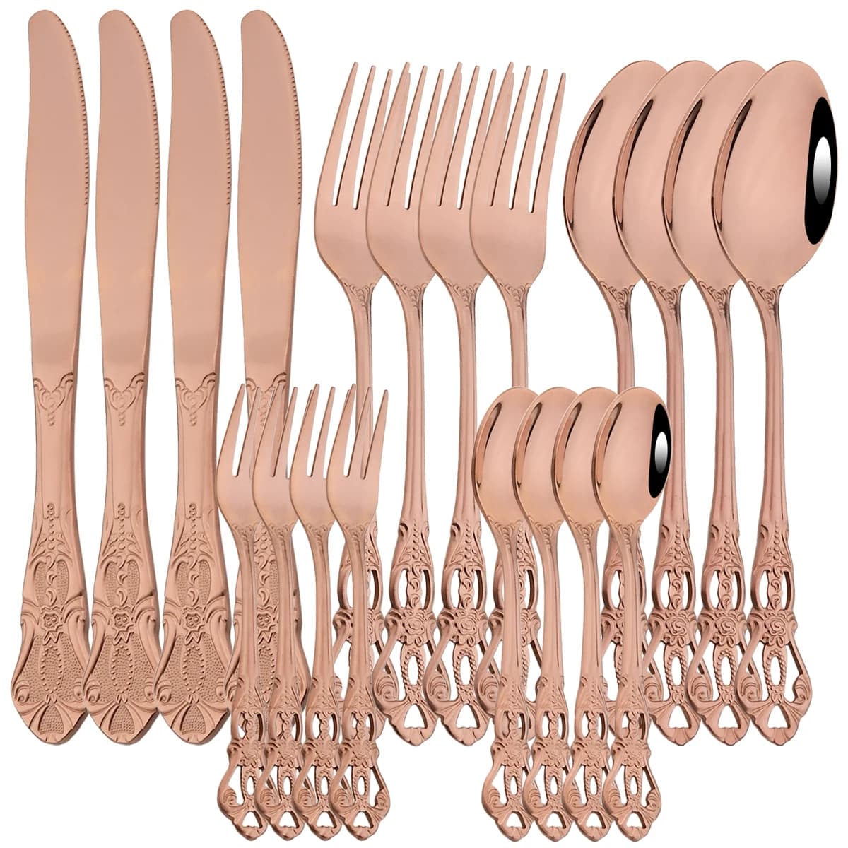 Set di posate rosa 20 pezzi Set di stoviglie Vintage in acciaio inossidabile coltello forchetta cucchiaio da caffè forchetta da torta stoviglie posate da cucina per feste
