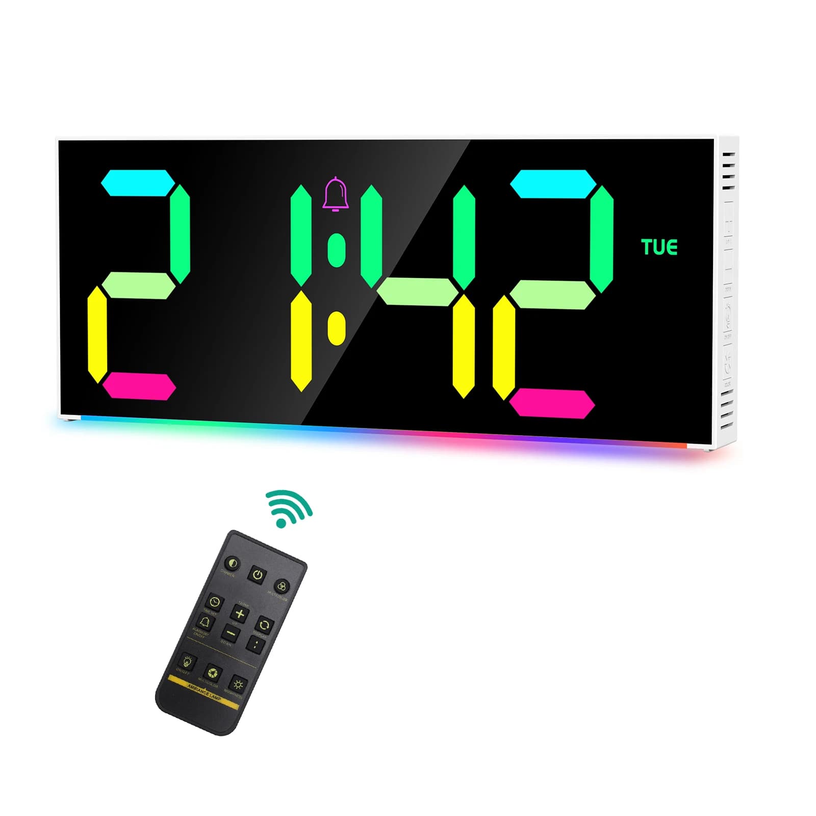 Digital wall clock ORIA RGB colored alarm clock with large 12 inch display with remote control for living room, gym