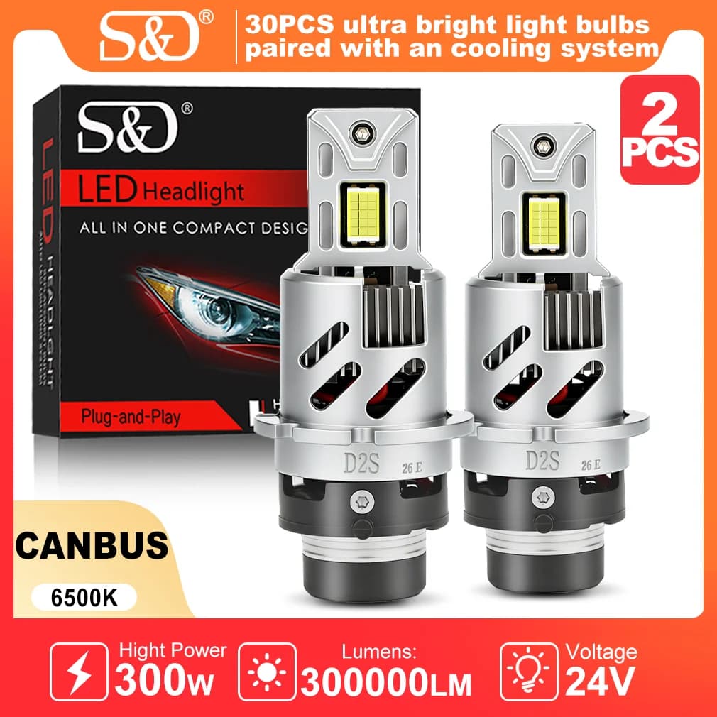 Lampadina LED S&D 300W D2S D4S Canbus con Ventole, D2R D4R 300000LM, Faro Auto per Guida, Xenon HID 6500K, Plug&Play